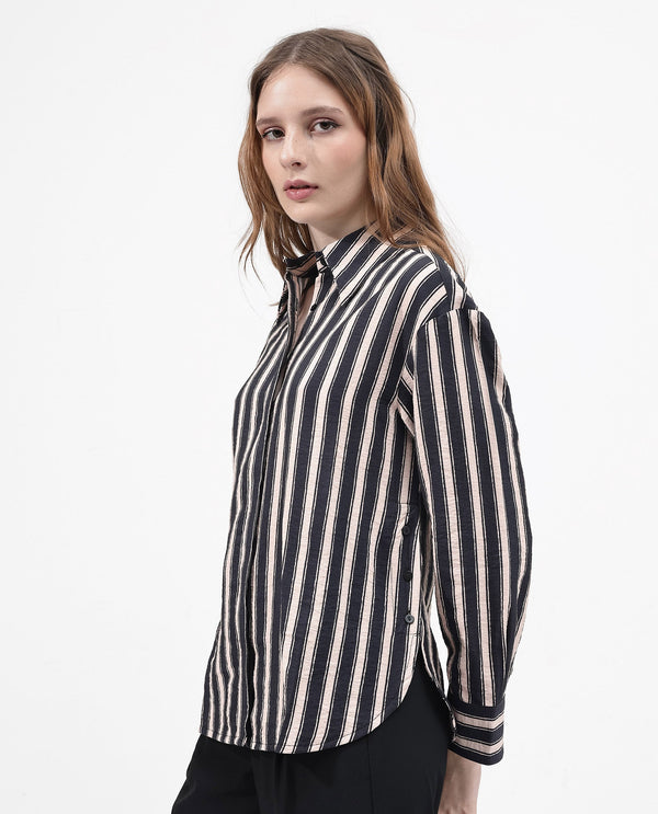 Rareism Women Sonora Black Cuffed Sleeve Collared Neck Broad Stripes Shirt