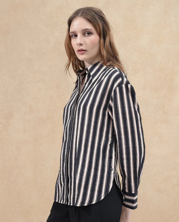 Rareism Women Sonora-SC Black Cuffed Sleeve Collared Neck Broad Stripes Shirt