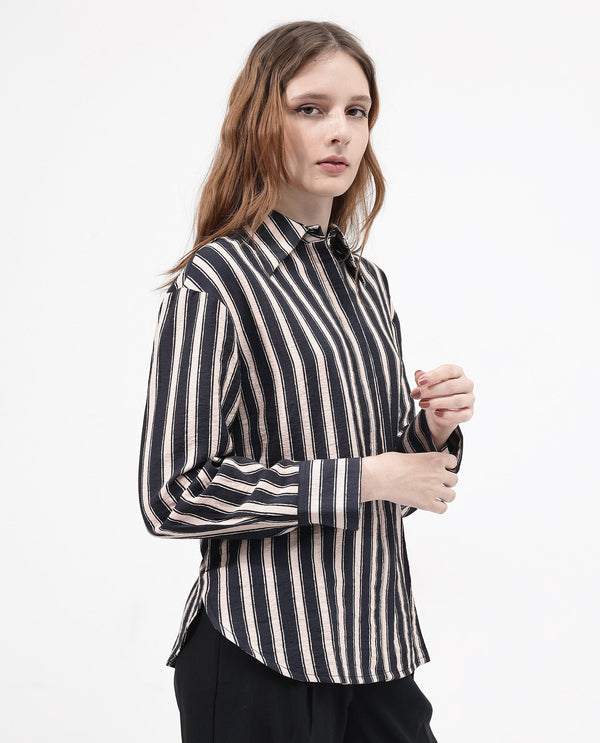 Rareism Women Sonora Black Cuffed Sleeve Collared Neck Broad Stripes Shirt