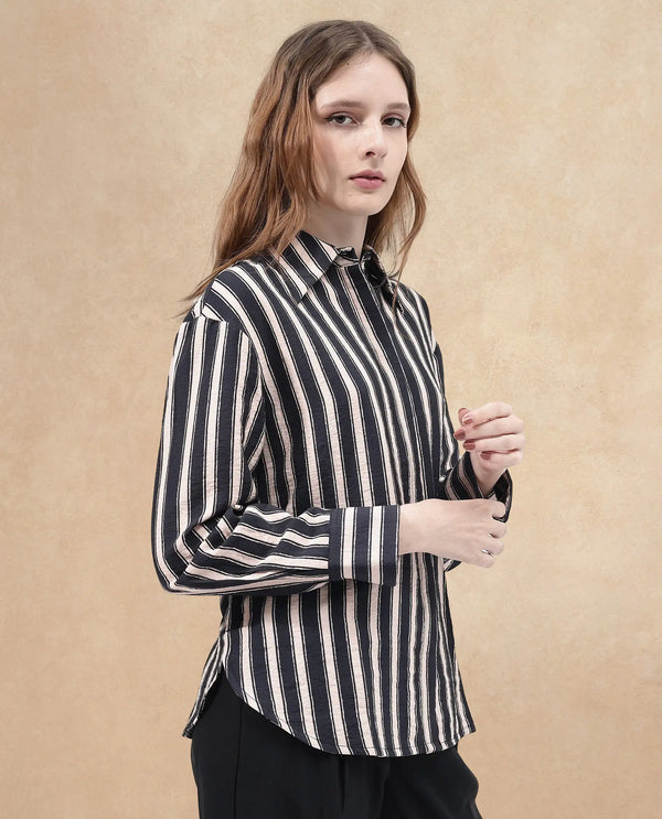Rareism Women Sonora-SC Black Cuffed Sleeve Collared Neck Broad Stripes Shirt