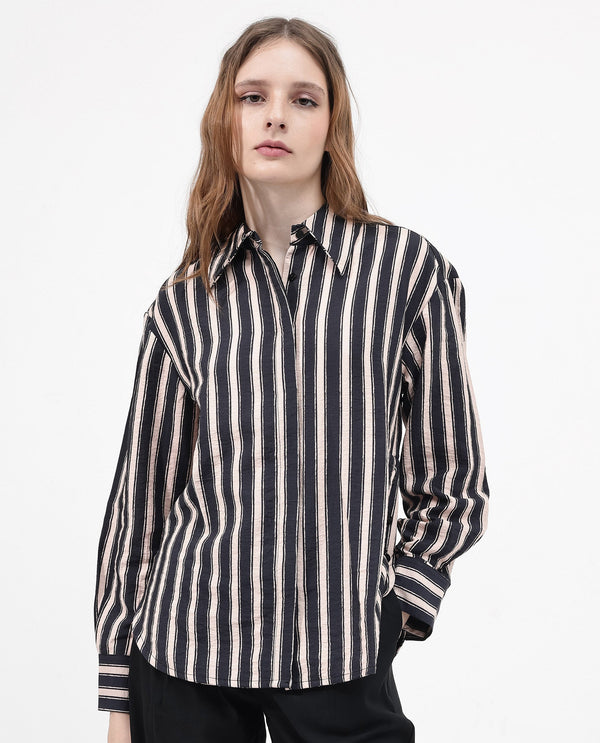 Rareism Women Sonora Black Cuffed Sleeve Collared Neck Broad Stripes Shirt