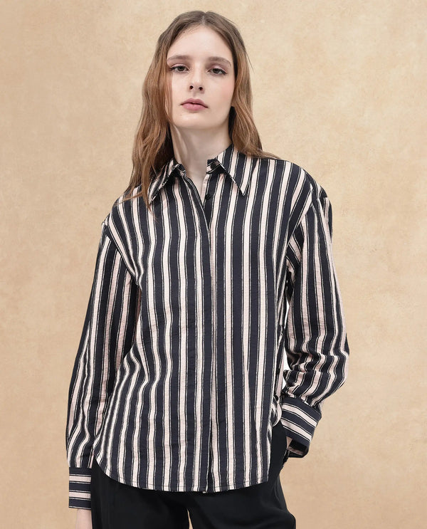 Rareism Women Sonora-SC Black Cuffed Sleeve Collared Neck Broad Stripes Shirt