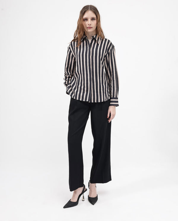 Rareism Women Sonora Black Cuffed Sleeve Collared Neck Broad Stripes Shirt