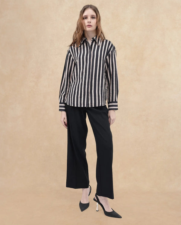 Rareism Women Sonora-SC Black Cuffed Sleeve Collared Neck Broad Stripes Shirt