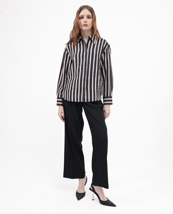 Rareism Women Sonora Black Cuffed Sleeve Collared Neck Broad Stripes Shirt