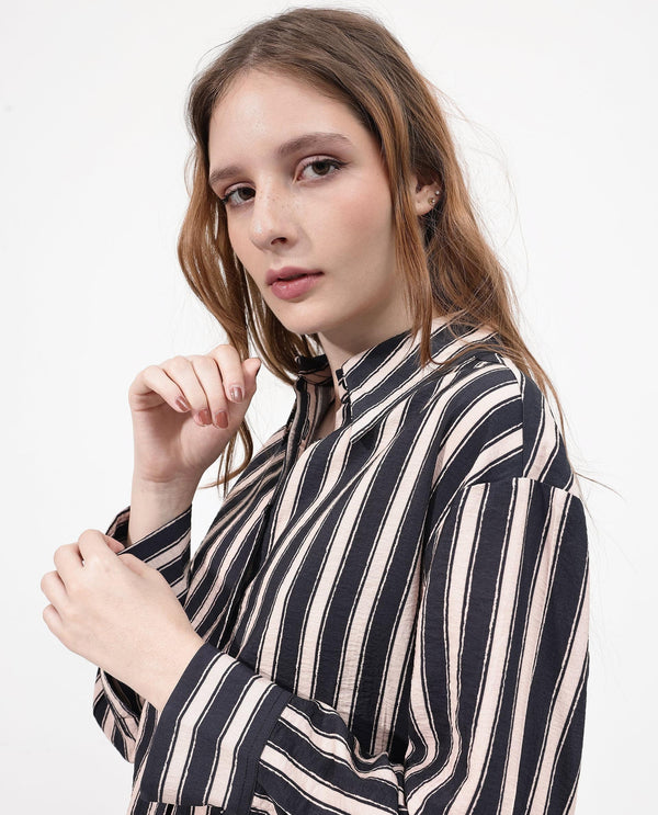 Rareism Women Sonora Black Cuffed Sleeve Collared Neck Broad Stripes Shirt