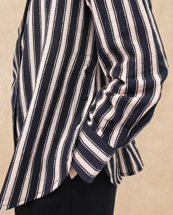 Rareism Women Sonora-SC Black Cuffed Sleeve Collared Neck Broad Stripes Shirt