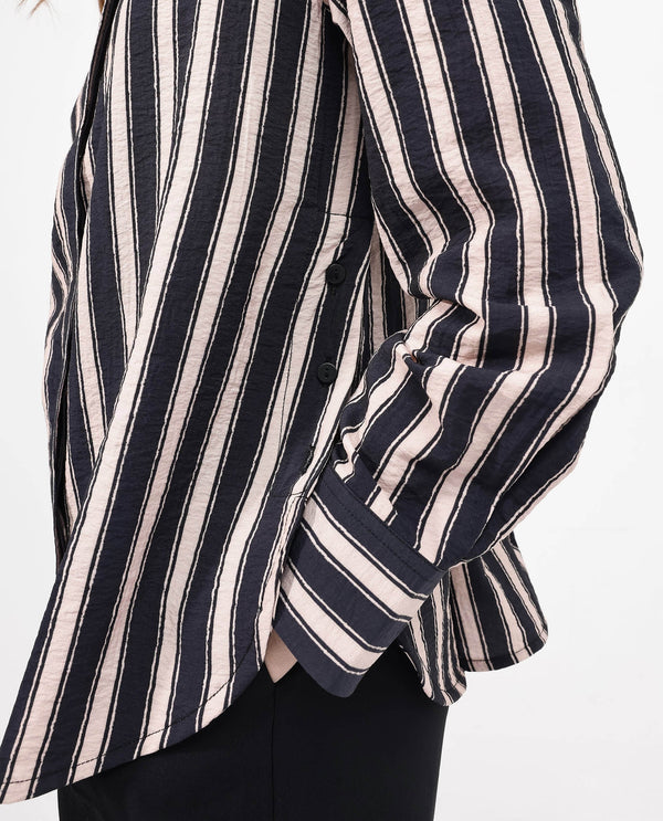 Rareism Women Sonora Black Cuffed Sleeve Collared Neck Broad Stripes Shirt