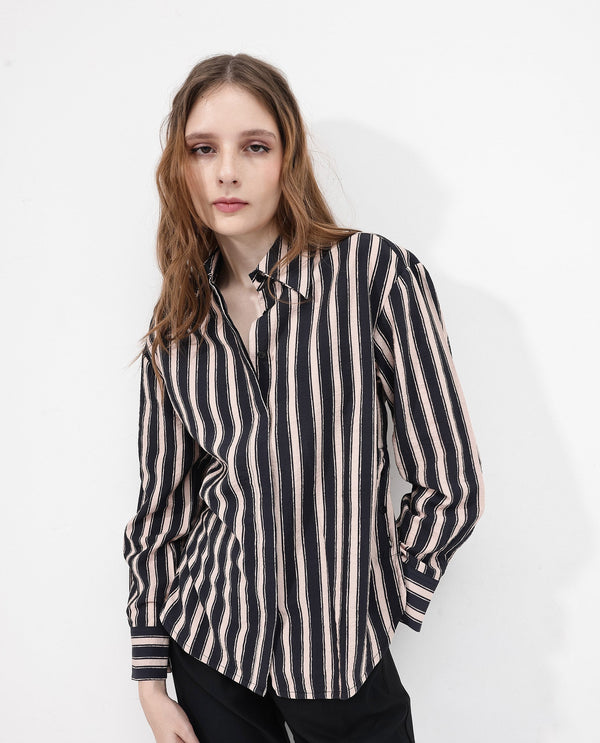 Rareism Women Sonora Black Cuffed Sleeve Collared Neck Broad Stripes Shirt