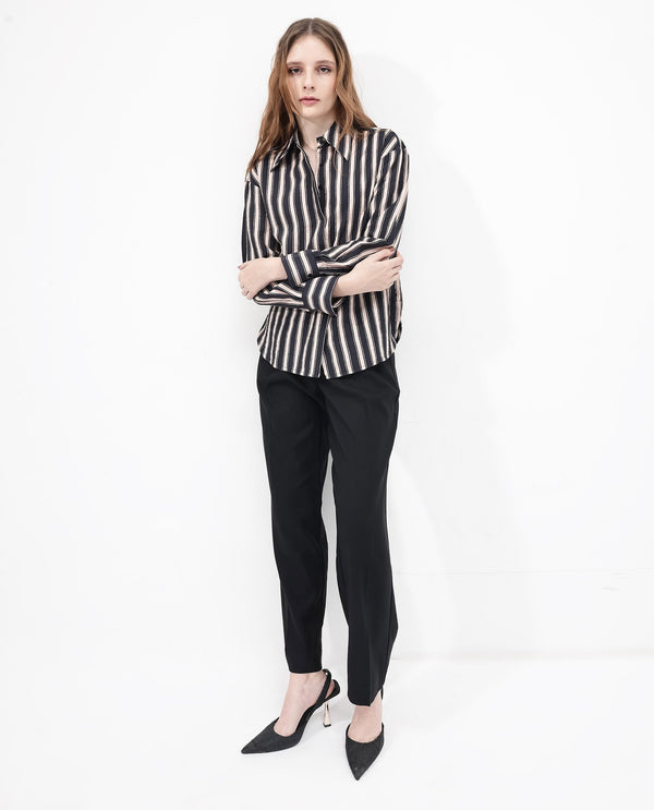 Rareism Women Sonora Black Cuffed Sleeve Collared Neck Broad Stripes Shirt