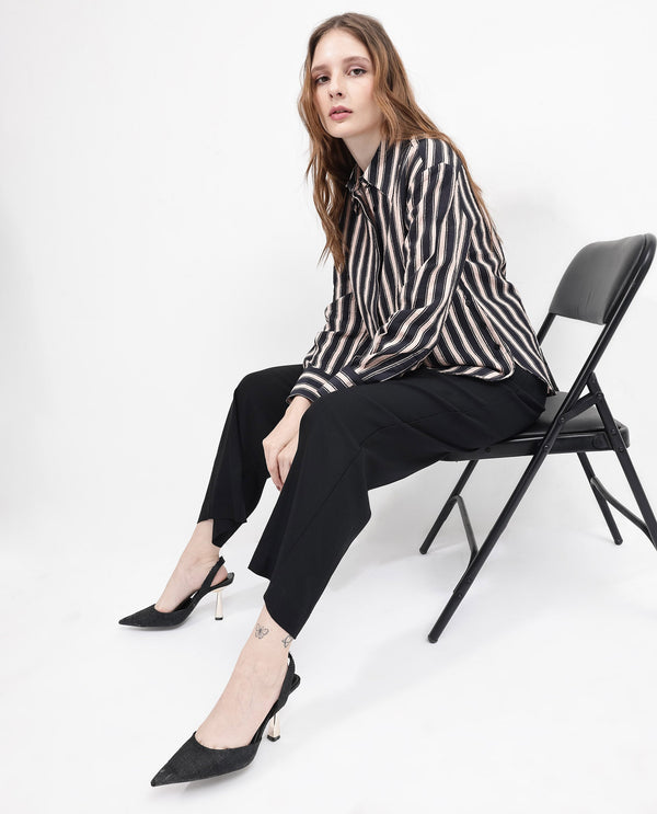 Rareism Women Sonora Black Cuffed Sleeve Collared Neck Broad Stripes Shirt