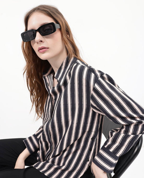 Rareism Women Sonora Black Cuffed Sleeve Collared Neck Broad Stripes Shirt