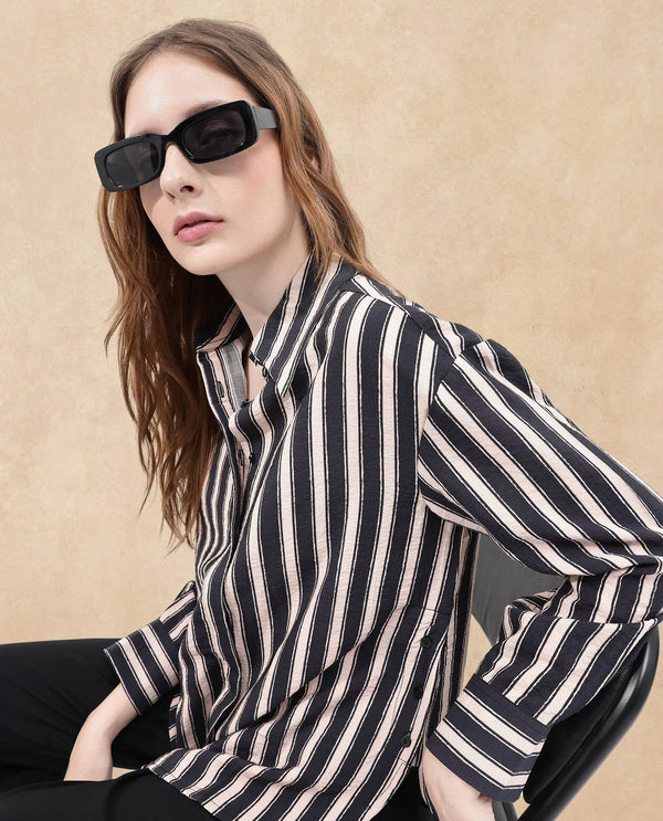 Rareism Women Sonora-SC Black Cuffed Sleeve Collared Neck Broad Stripes Shirt