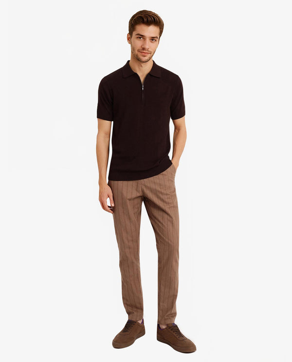 Rare Rabbit Men Sony Dark Brown Cotton Fabric Short Sleeve Zipper Closure Regular Fit Textured Polo T-Shirt