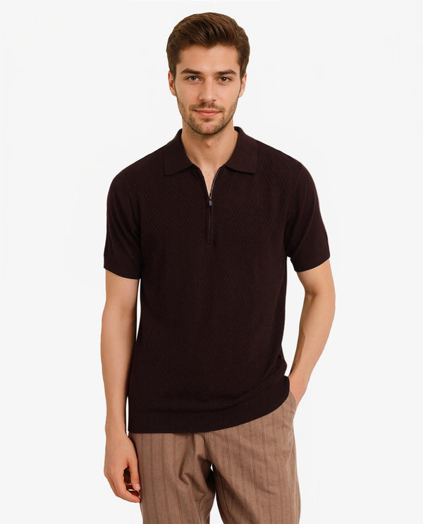 Rare Rabbit Men Sony Dark Brown Cotton Fabric Short Sleeve Zipper Closure Regular Fit Textured Polo T-Shirt