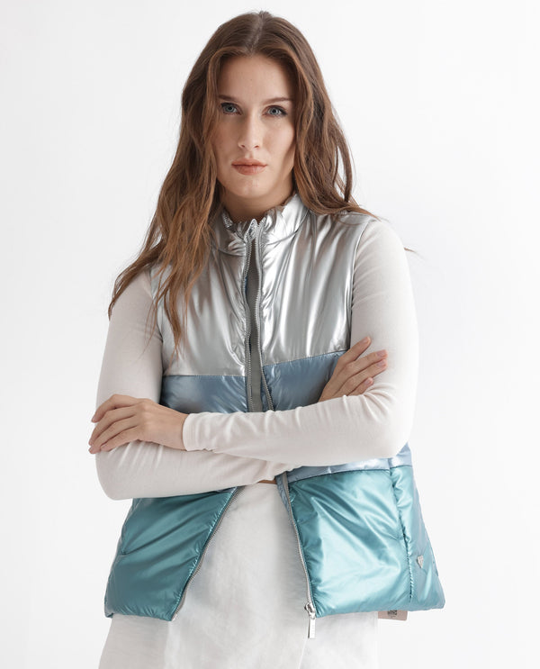 Rareism Women Sophia Silver Polyester Fabric Sleeveless Solid High Neck Jacket