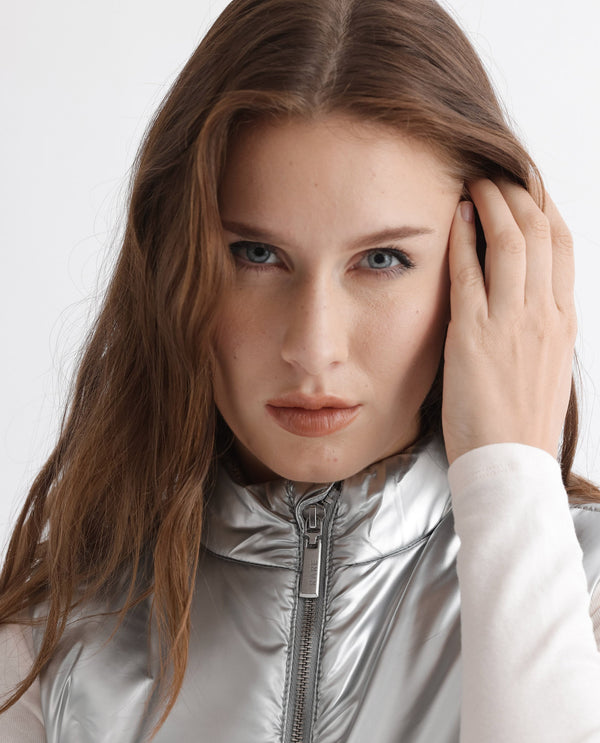 Rareism Women Sophia Silver Polyester Fabric Sleeveless Solid High Neck Jacket