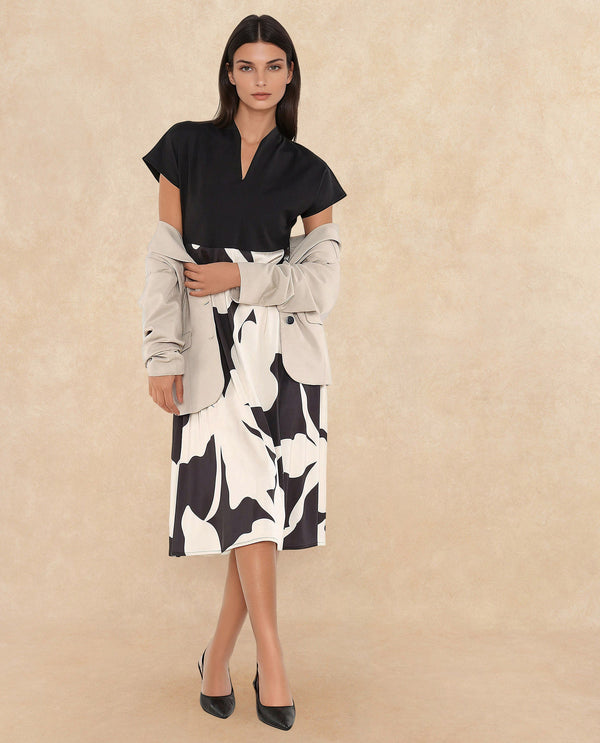 Rareism Women's Sopp White  V-Neck Zipper Closure Extended Sleeve Abstract Fit And Flare Midi Dress