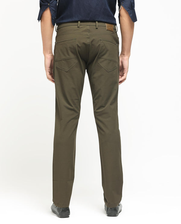 Rare Rabbit Men's Spark Dark Olive Solid Mid-Rise Regular Fit Trouser