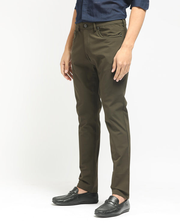 Rare Rabbit Men's Spark Dark Olive Solid Mid-Rise Regular Fit Trouser