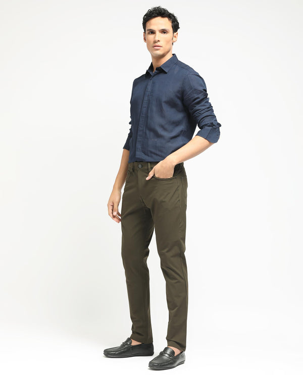 Rare Rabbit Men's Spark Dark Olive Solid Mid-Rise Regular Fit Trouser