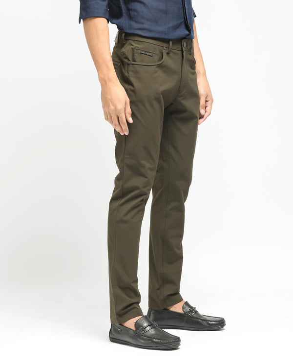 Rare Rabbit Men's Spark Dark Olive Solid Mid-Rise Regular Fit Trouser