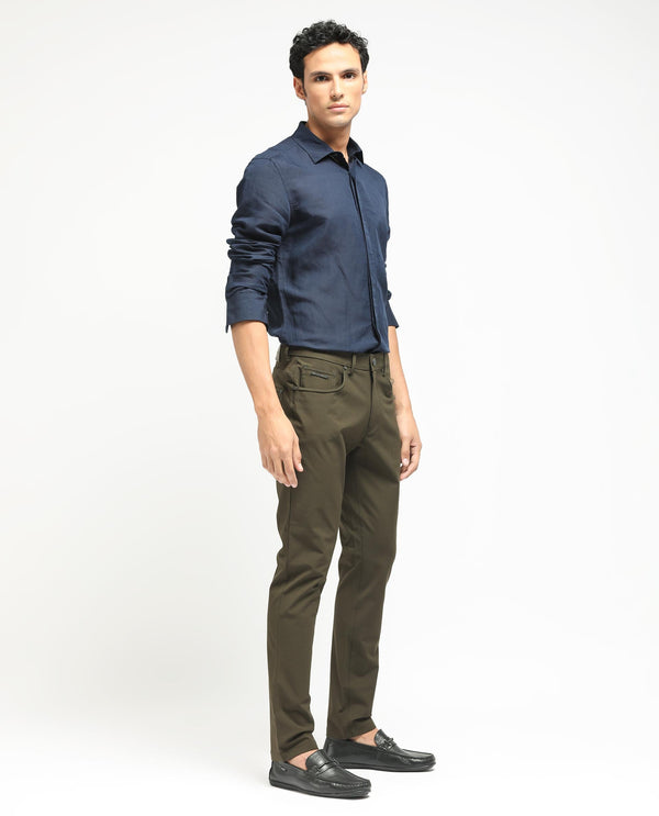 Rare Rabbit Men's Spark Dark Olive Solid Mid-Rise Regular Fit Trouser