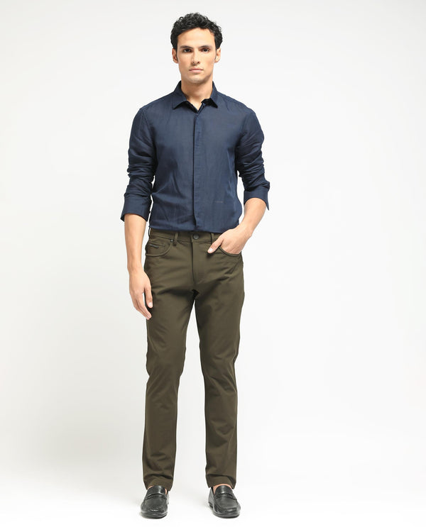 Rare Rabbit Men's Spark Dark Olive Solid Mid-Rise Regular Fit Trouser