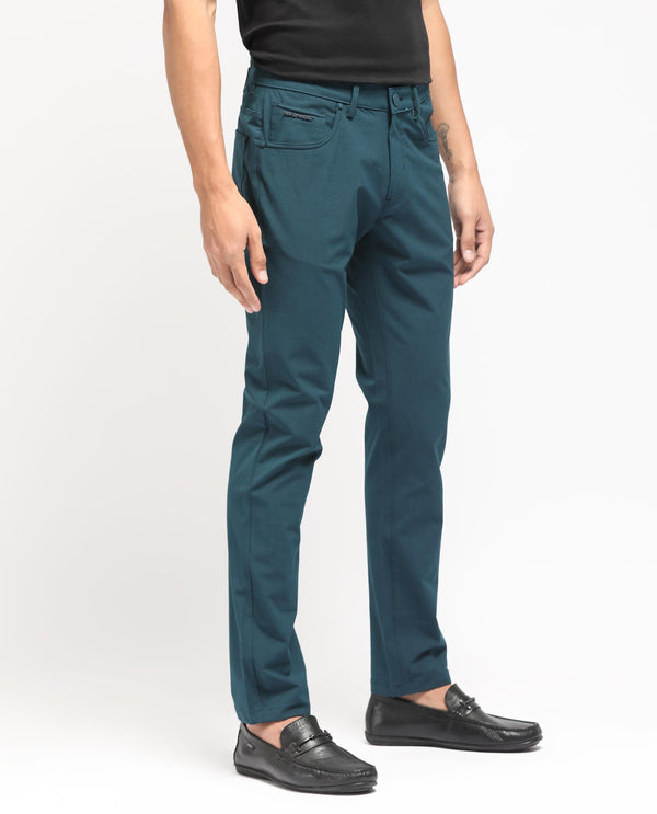 Rare Rabbit Men's Spark Dark Petrol Solid Mid-Rise Regular Fit Trouser