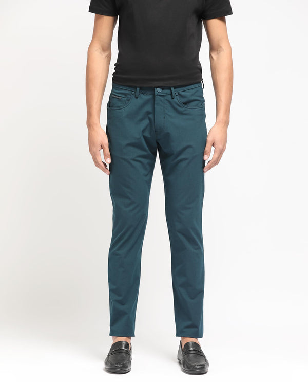 Rare Rabbit Men's Spark Dark Petrol Solid Mid-Rise Regular Fit Trouser