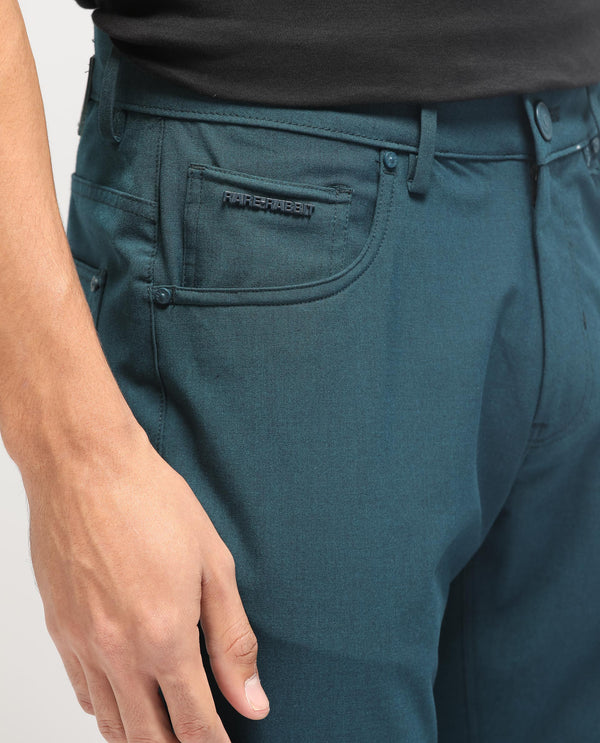 Rare Rabbit Men's Spark Dark Petrol Solid Mid-Rise Regular Fit Trouser