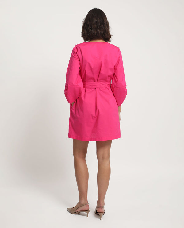 Rareism Women Spate Pink Cotton Fabric 3/4Th Sleeves V-Neck Regular Fit Plain Short A-Line Dress