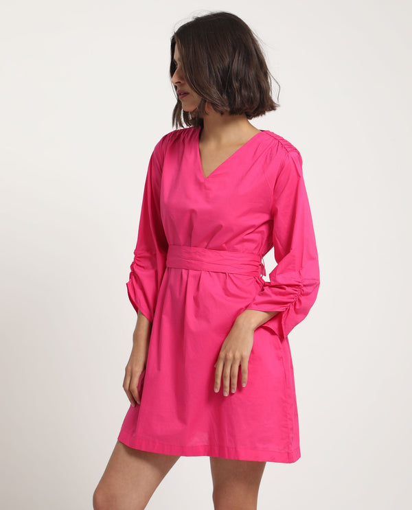Rareism Women Spate Pink Cotton Fabric 3/4Th Sleeves V-Neck Regular Fit Plain Short A-Line Dress