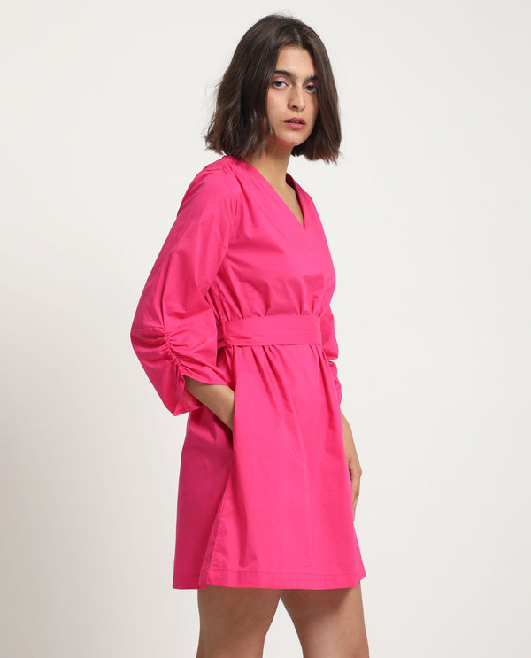 Rareism Women Spate Pink Cotton Fabric 3/4Th Sleeves V-Neck Regular Fit Plain Short A-Line Dress