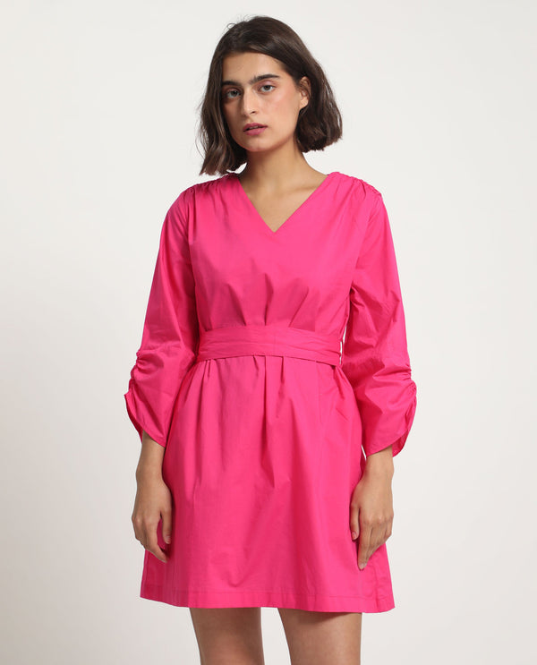 Rareism Women Spate Pink Cotton Fabric 3/4Th Sleeves V-Neck Regular Fit Plain Short A-Line Dress