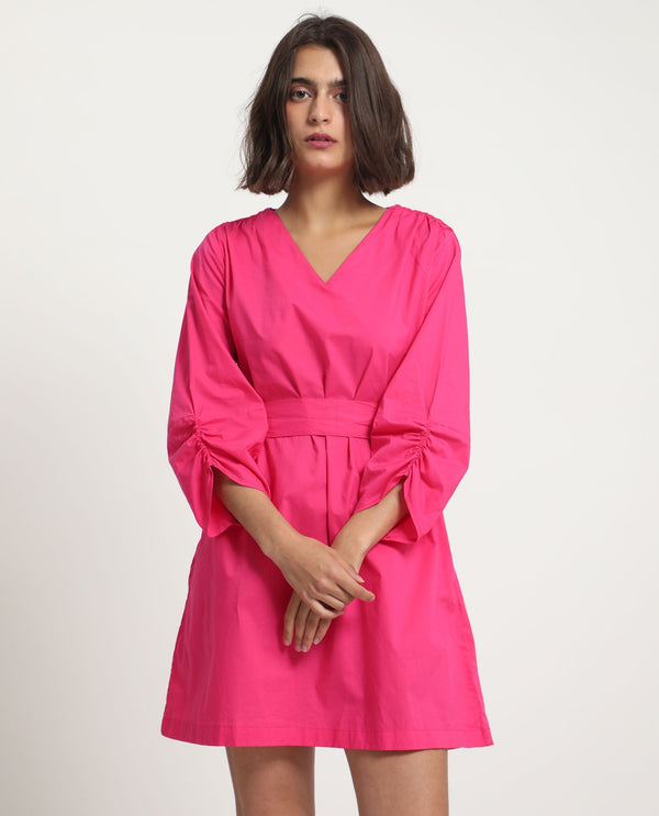 Rareism Women Spate Pink Cotton Fabric 3/4Th Sleeves V-Neck Regular Fit Plain Short A-Line Dress