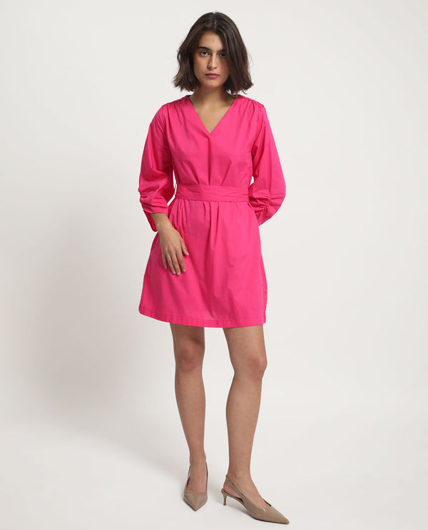 Rareism Women Spate Pink Cotton Fabric 3/4Th Sleeves V-Neck Regular Fit Plain Short A-Line Dress