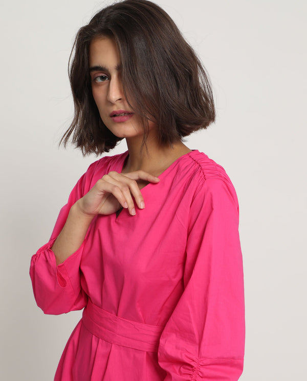 Rareism Women Spate Pink Cotton Fabric 3/4Th Sleeves V-Neck Regular Fit Plain Short A-Line Dress