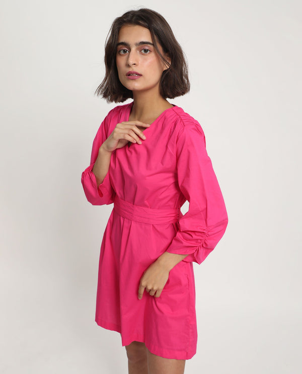 Rareism Women Spate Pink Cotton Fabric 3/4Th Sleeves V-Neck Regular Fit Plain Short A-Line Dress