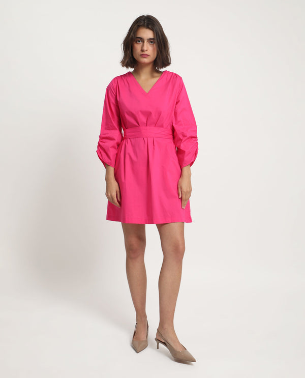 Rareism Women Spate Pink Cotton Fabric 3/4Th Sleeves V-Neck Regular Fit Plain Short A-Line Dress