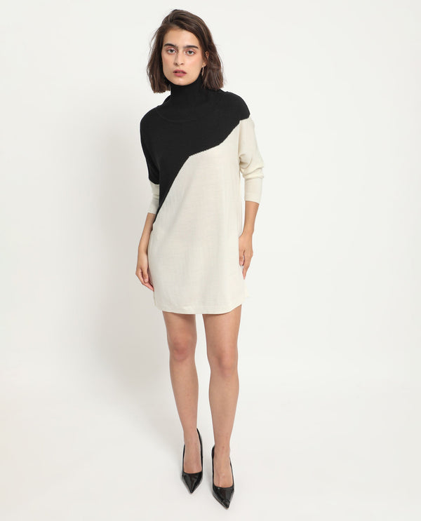 Rareism Women Spaton 2 White Acrylic Fabric Full Sleeves High Neck Regular Fit Color Blocked Knee Length Sweater