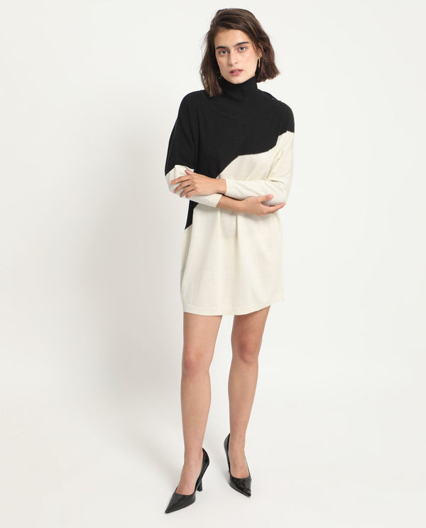 Rareism Women Spaton 2 White Acrylic Fabric Full Sleeves High Neck Regular Fit Color Blocked Knee Length Sweater