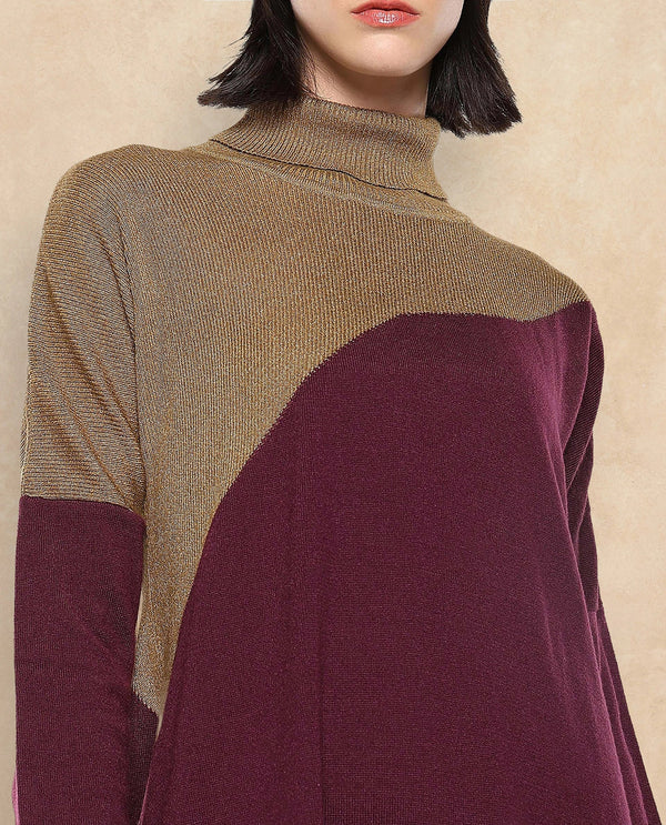 Rareism Women Spaton Maroon Plain Crew Neck Plain Sweater