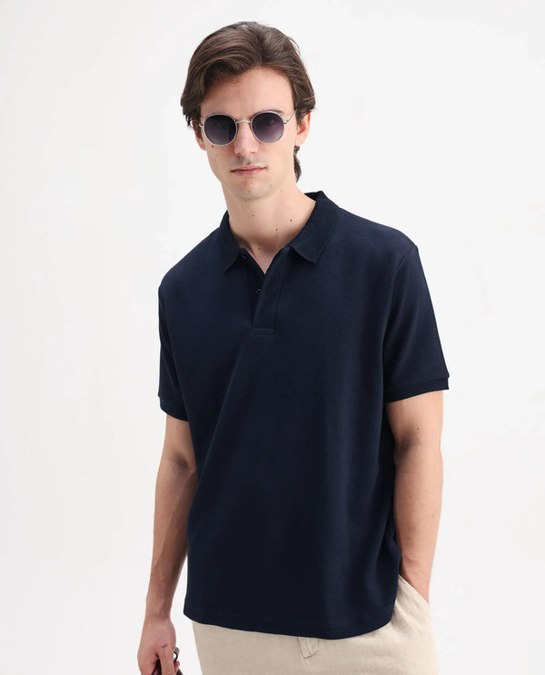 Rare Rabbit Men Spec Navy Cotton Polyester Fabric Short Sleeve Collared Neck Button Closure Plain Polo
