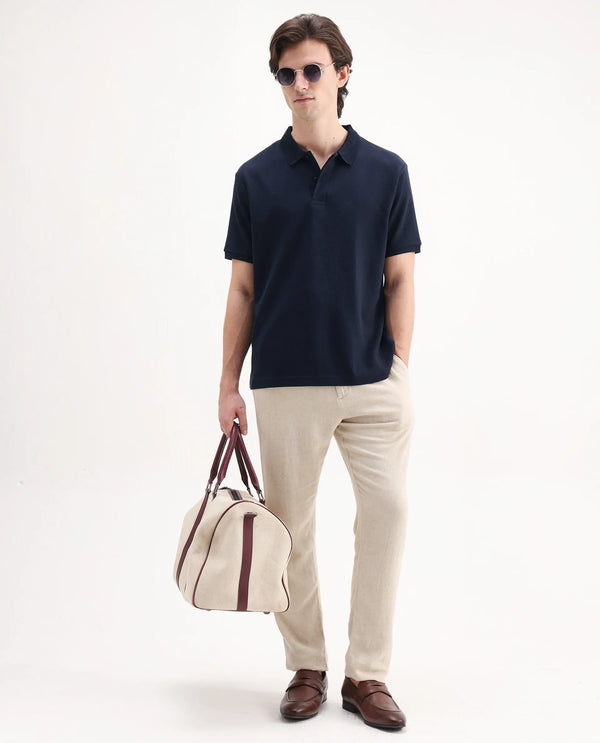 Rare Rabbit Men Spec Navy Cotton Polyester Fabric Short Sleeve Collared Neck Button Closure Plain Polo