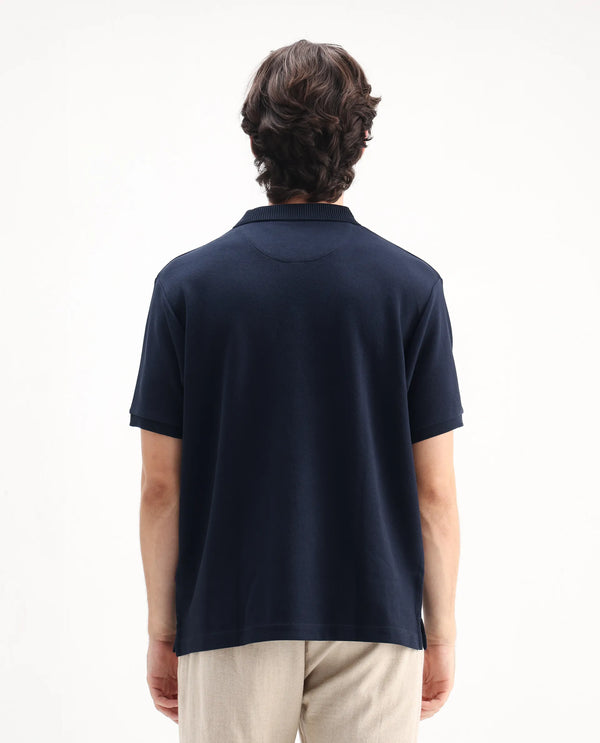 Rare Rabbit Men Spec Navy Cotton Polyester Fabric Short Sleeve Collared Neck Button Closure Plain Polo