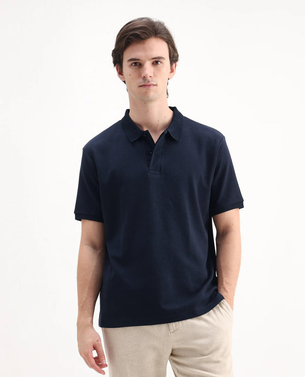 Rare Rabbit Men Spec Navy Cotton Polyester Fabric Short Sleeve Collared Neck Button Closure Plain Polo