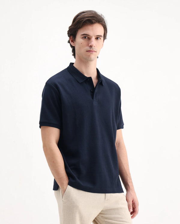 Rare Rabbit Men Spec Navy Cotton Polyester Fabric Short Sleeve Collared Neck Button Closure Plain Polo