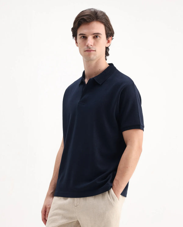 Rare Rabbit Men Spec Navy Cotton Polyester Fabric Short Sleeve Collared Neck Button Closure Plain Polo