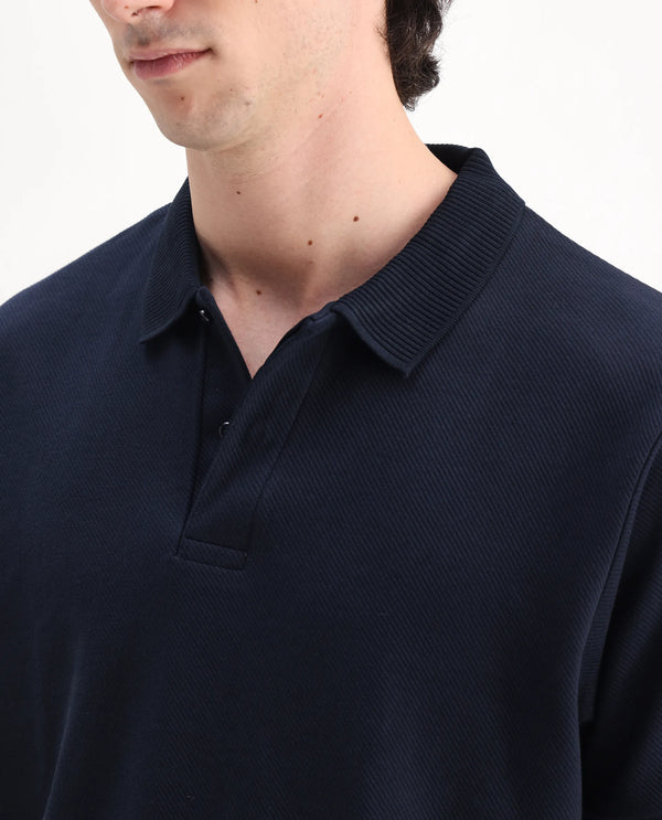 Rare Rabbit Men Spec Navy Cotton Polyester Fabric Short Sleeve Collared Neck Button Closure Plain Polo